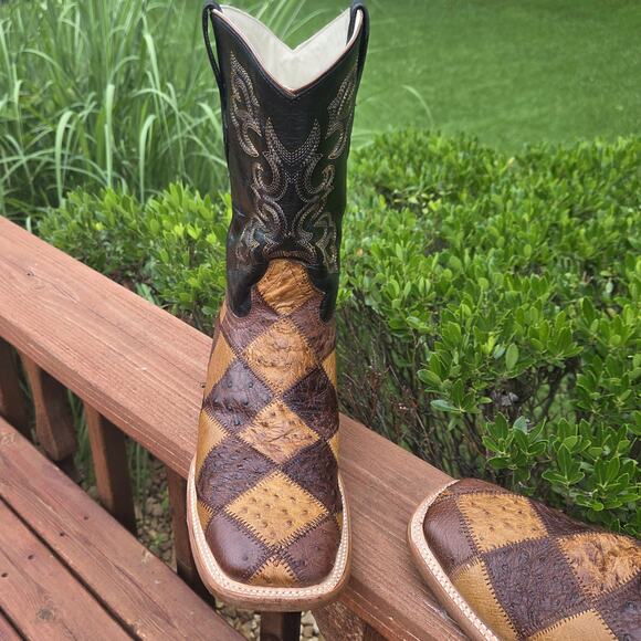 J.B. Dillon Patchwork Ostrich Cowboy Boots 13D Western Artisan Rodeo Statement main image 15